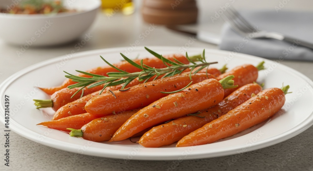 Roasted Carrots with Rosemary on White Plate Roasted Carrots with Rosemary on White Plate