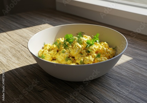 Creamy scrambled eggs in a white bowl garnished with fresh herbs placed on a wooden table near a sunlit window, evoking warmth and comfort