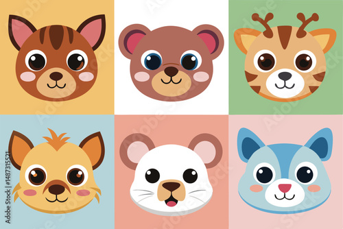 Cartoon animal portraits feature diverse mammals, including a brown bear and a blue raccoon