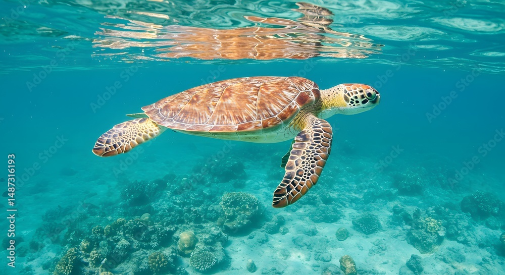 Obraz premium Majestic Green Sea Turtle Gracefully Gliding Through Vibrant Coral Reef