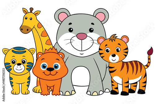 Cartoon giraffe, bear, lion, and tigers pose together, displaying vibrant colors and outlines