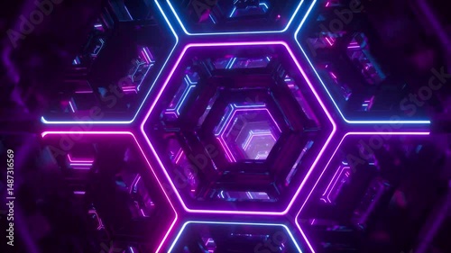 Abstract background of hexagon pattern with shining purple and blue lights in black background
