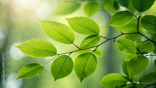 Lush Green Leaves on Branch with Soft Sunlight Filtering Through for Nature and Botanical Graphic Design Inspirations