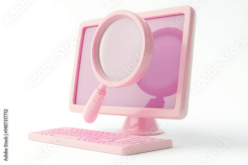 Pink bathroom mirror and toilet bowl isolated on white background with decorative and cosmetic elements