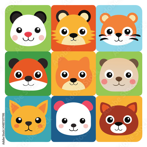 Colorful squares present various cute animal faces, each with distinct background hues and delightful expressions