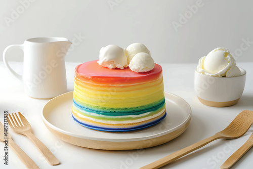"Delicious slice of vibrant rainbow layered cake topped with whipped cream and edible flowers, served with wooden cutlery on a white plate"

