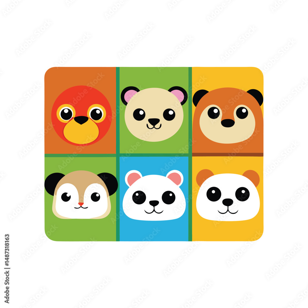 Cute animal faces in colorful squares present bear and fox cub style portraits Cute animal faces in colorful squares present bear and fox cub style portraits