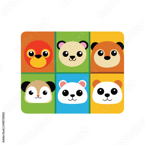 Cute animal faces in colorful squares present bear and fox cub style portraits