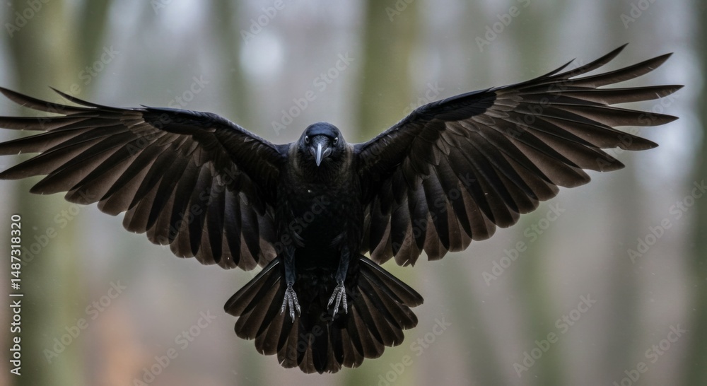 Naklejka premium Black Crow in Flight, Wings Spread Wide, Dark Forest Background