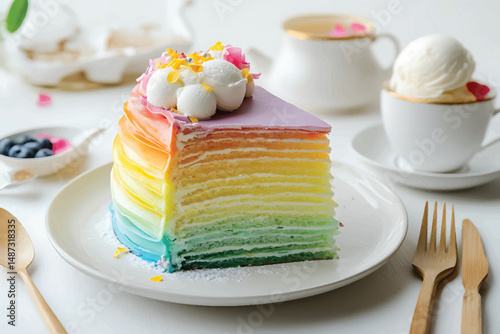 "Delicious slice of vibrant rainbow layered cake topped with whipped cream and edible flowers, served with wooden cutlery on a white plate"

