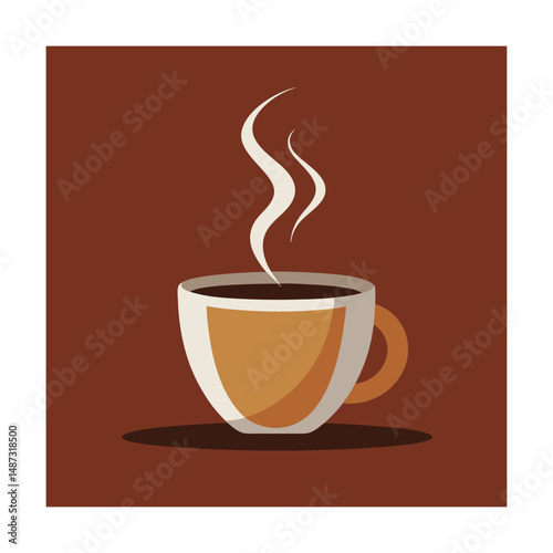 Illustrated vector graphic featuring a steaming cup of coffee against a warm brown background