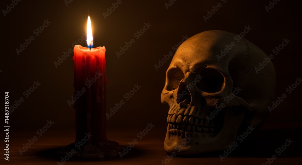 Red Candle and Skull in Low Light Red Candle and Skull in Low Light