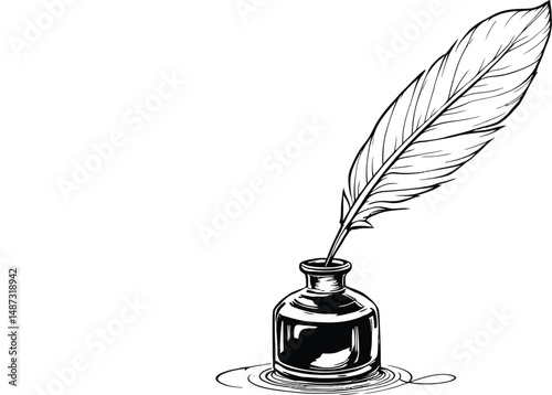 Vintage Quill and Ink Bottle Drawing: Detailed Sketch Representation of Classic Writing Equipment in Artistic Style
