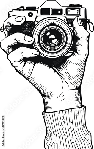 Hand Holding Vintage Camera: Detailed Black and White Illustration Celebrating Classic Photography Design