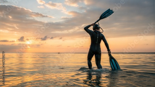 Diver Entering Ocean at Sunset 