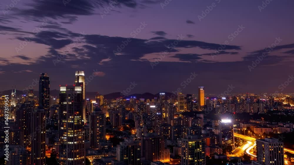 Night cityscape panorama with illuminated skyscrapers and purple twilight sky, concept urban photography for architecture and real estate projects Night cityscape panorama with illuminated skyscrapers and purple twilight sky, concept urban photography for architecture and real estate projects