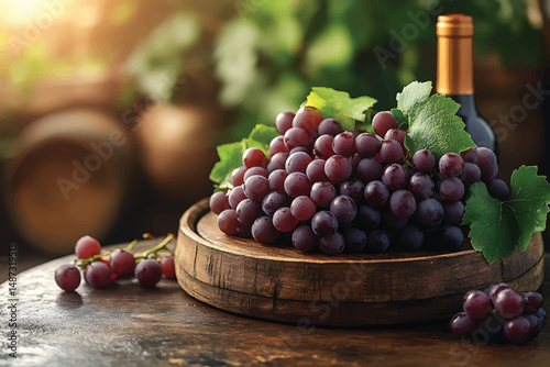 "Rustic wine barrel adorned with ripe grapes and green leaves, accompanied by a wine bottle in a cozy cellar ambiance"


