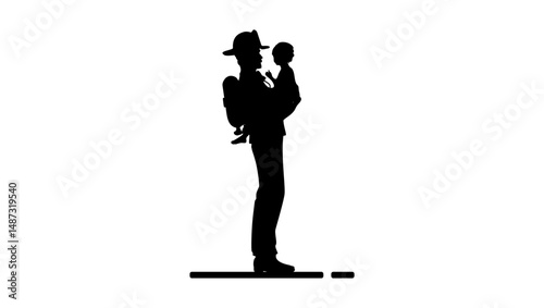 firefighter saving child, black isolated silhouette