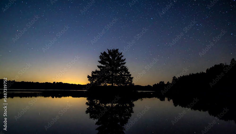 Naklejka premium Serene Night at the Lake Under a Starry Sky