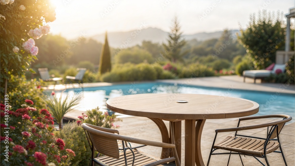 Fototapeta premium Round Wooden Table by Sunny Swimming Pool 