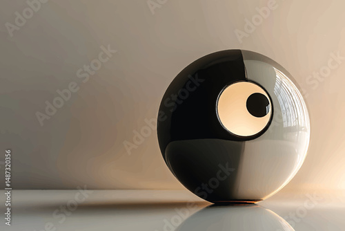 "Glossy black and white Yin Yang sphere reflecting light, symbolizing balance, harmony, and duality in minimalist setting"

