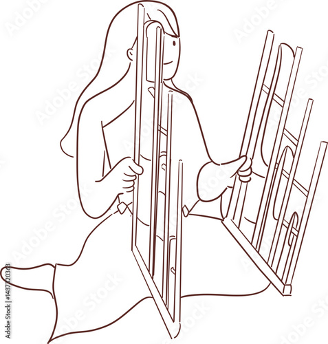 Tradition Thai girl playing angklung outline clipart