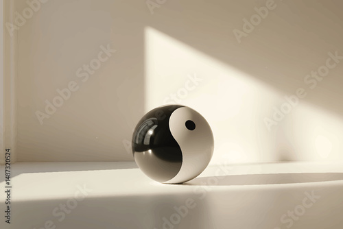 "Glossy black and white Yin Yang sphere reflecting light, symbolizing balance, harmony, and duality in minimalist setting"

