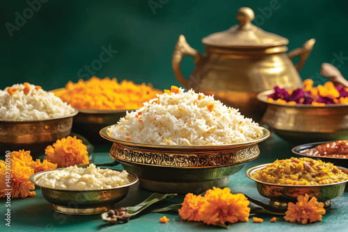 "Traditional Indian meal featuring fragrant rice, dal, and side dishes served in ornate brass bowls with marigold flowers for festive celebration"

