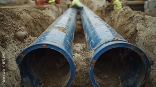 Wallpaper Mural Large Blue Pipes Underground Construction Site Industrial Project Infrastructure Development Heavy Equipment Pipes Trench Digging Utility Pipes        Torontodigital.ca