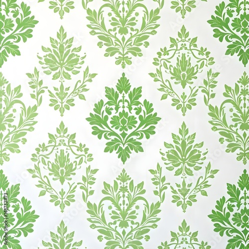 Green Ornamental Pattern Background: Vintage Style Floral Wallpaper Texture for Design and Backdrops, Green Damask Pattern: Elegant Floral Repeat Design on White