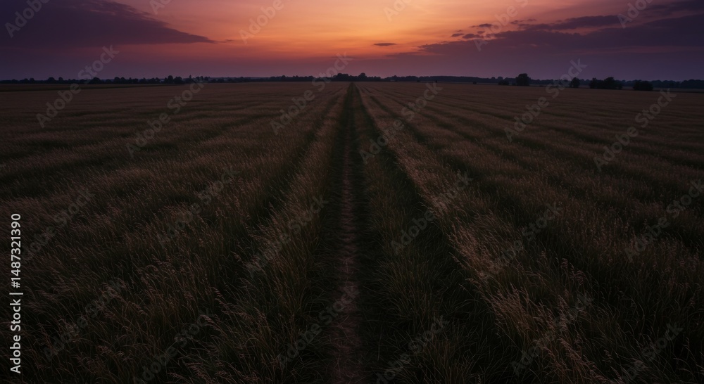 Fototapeta premium Sunset Over Rows of Crops in a Rural Field