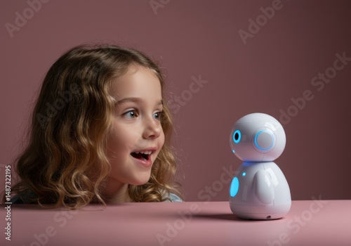 Close-up child face looking with wonder at cute small robot, illustrating surprise and acceptance of new technology