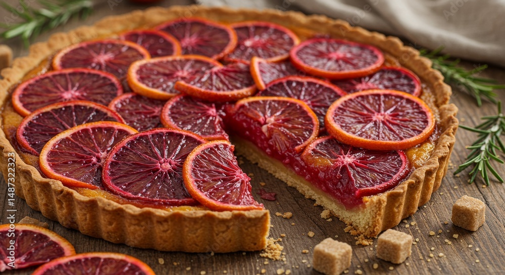 Blood Orange Tart on Wooden Table Blood Orange Tart on Wooden Table