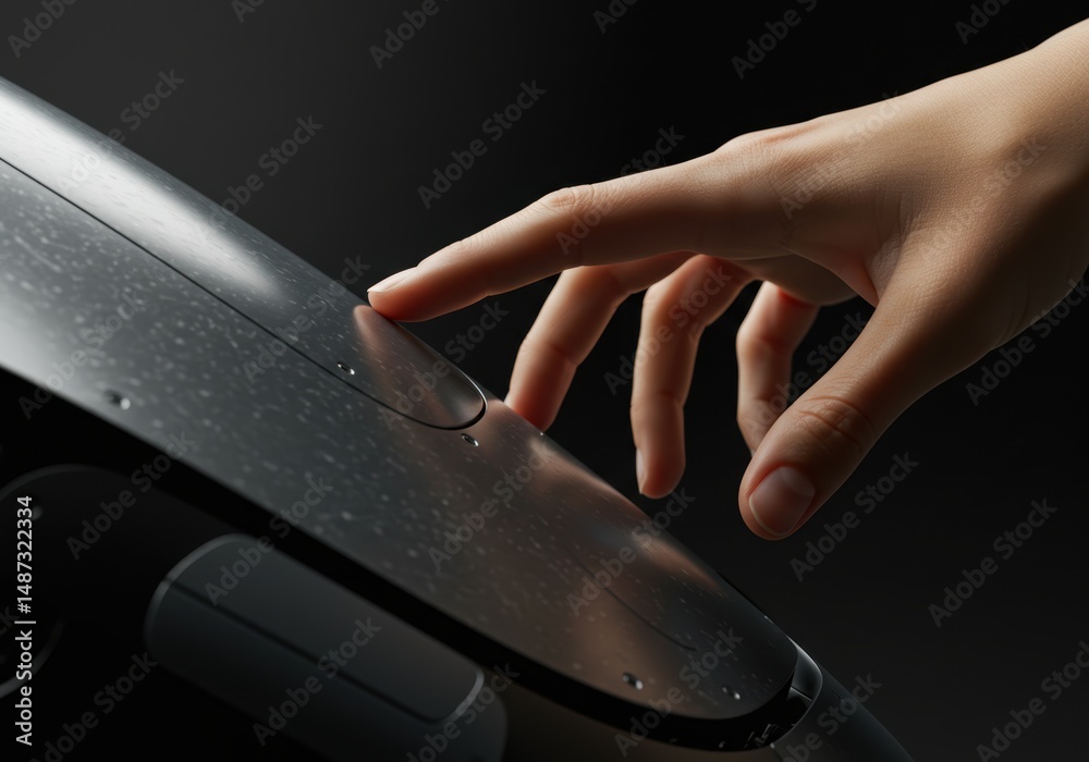 Close-up human hand gently touching robot surface, symbolizing familiarity or trust in AI technology Close-up human hand gently touching robot surface, symbolizing familiarity or trust in AI technology