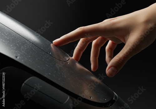 Close-up human hand gently touching robot surface, symbolizing familiarity or trust in AI technology