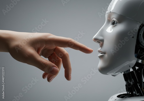 Close-up human hand gently touching robot surface, symbolizing familiarity or trust in AI technology