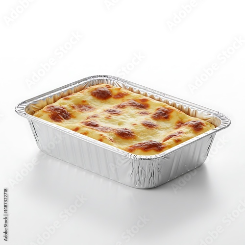 frozen lasagna tray sealed in aluminum foil, side angle, soft natural shadow, high definition product shot, isolated on white background