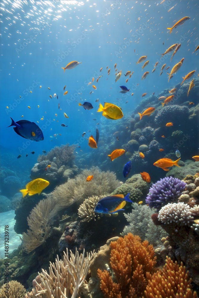Naklejka premium Underwater world with colorful tropical fish and coral ecosystem