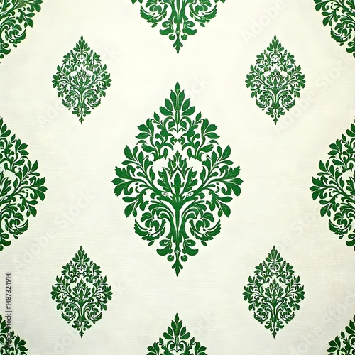 Green Ornamental Pattern Background: Vintage Style Floral Wallpaper Texture for Design and Backdrops, Green Damask Pattern: Elegant Floral Repeat Design on White