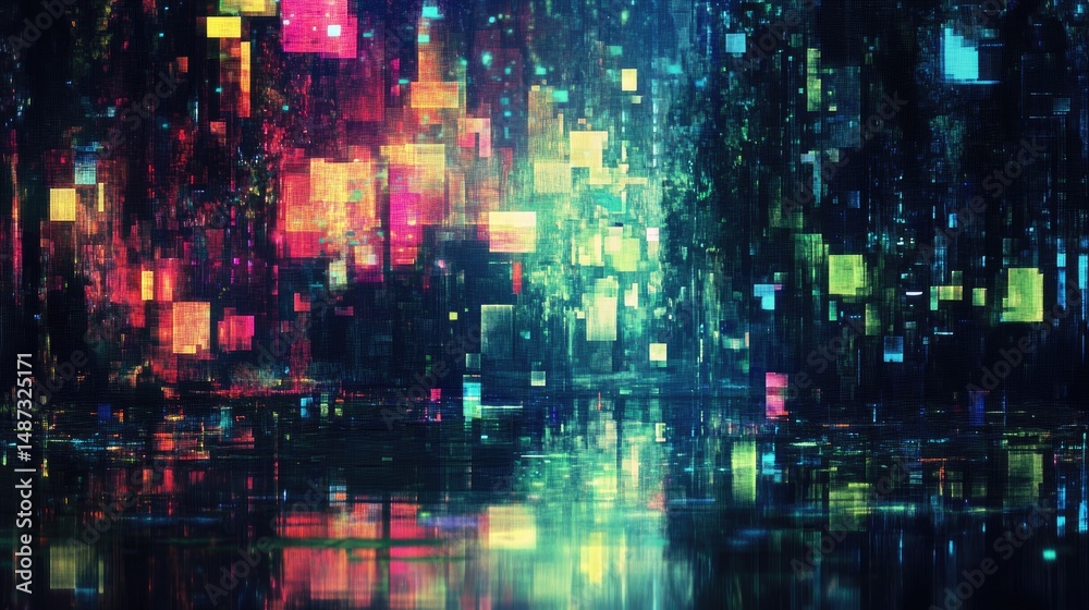 Fototapeta premium Colorful digital cityscape, vibrant glowing structures, reflected in dark water.
