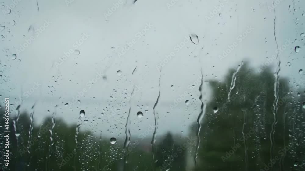 Raindrops clinging to glass window with blurred green landscape outside  