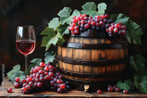 "Rustic Grape Barrel in Vineyard | Fresh Harvest & Winemaking Concept | Organic Grapevine Scene with Wooden Cask in 4K"

