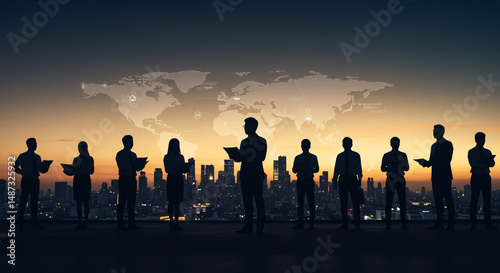 Silhouettes of a crowd of people against a dramatic sky.
