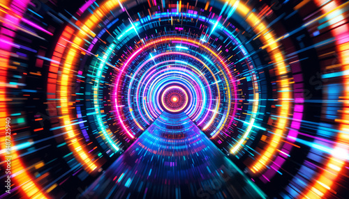 futuristic neon light tunnel with glowing circular motion and speed effect