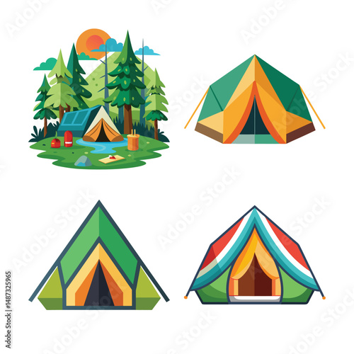 Illustration of a Camping travel tent equipment isolated on White background ,Blue open tent isolated on white background
