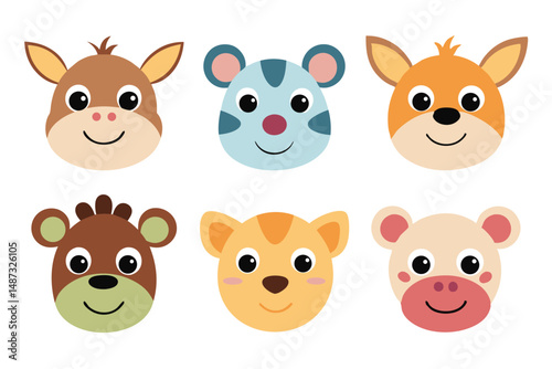 Six cute cartoon animal heads are smiling brightly on a white canvas together nicely