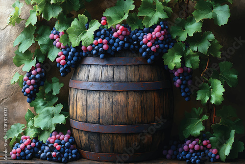 "Wine Barrel with Fresh Grapes | Vineyard Harvest & Rustic Winery Concept | Grape Collection and Wine Glasses Scene in 4K"

