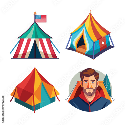 Illustration of a Camping travel tent equipment isolated on White background ,Blue open tent isolated on white background
