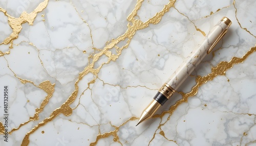 Gold and White Marble Background with Marble Pen