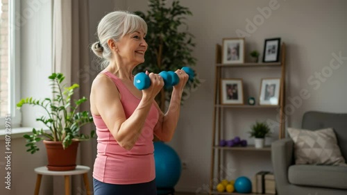 Senior woman exercising with dumbbells at home in a cheerful setting  